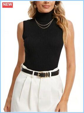Ribbed Knit Sleeveless Turtleneck Sweater Vest Snug Fit
